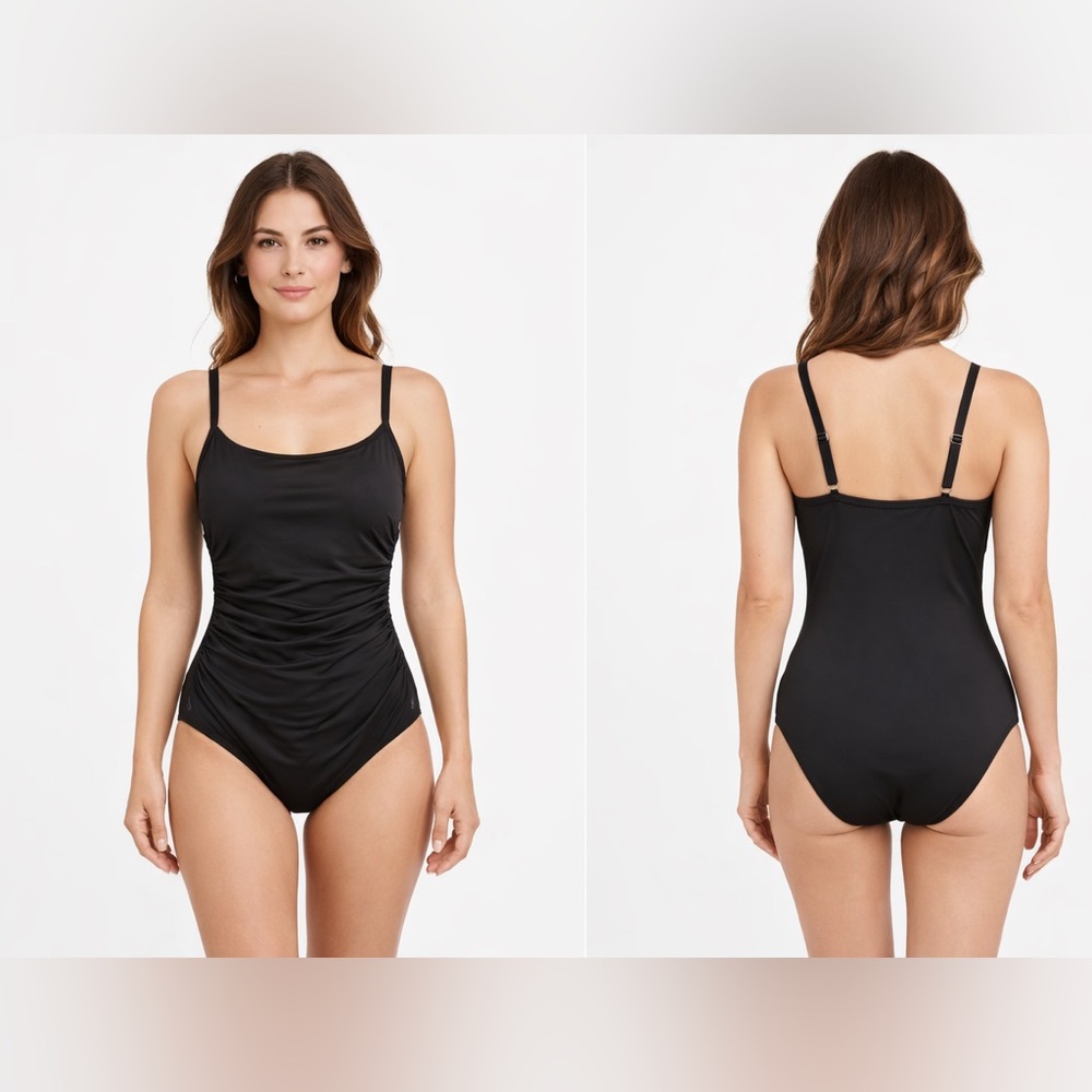 Shade & Shore Black One Piece Swimsuit Ruched Adjustable Straps XS NWT